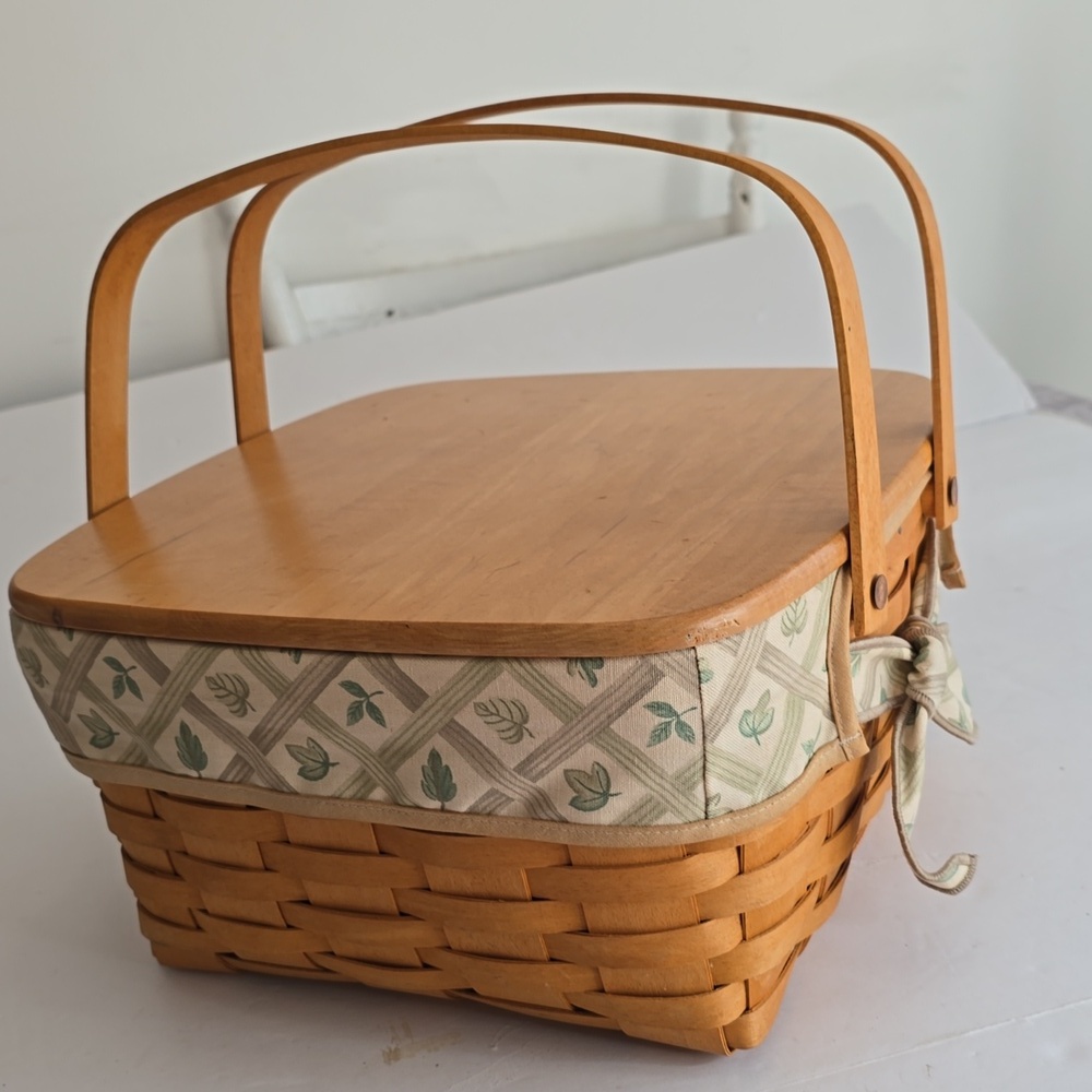 Longaberger Vintage Cake Pie Woven Basket Fabric Plastic Liner Wood Stand Cover - Picture 4 of 17